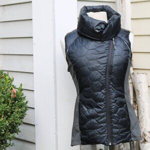 Mondetta Black Quilted w Knit Grey Stripe Fold Over Turtleneck Down Vest Sz MED